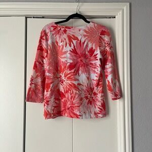 Ruby Rd. Floral Print‎ Top Keyhole Neck 3/4 Sleeve Blouse Pink White S